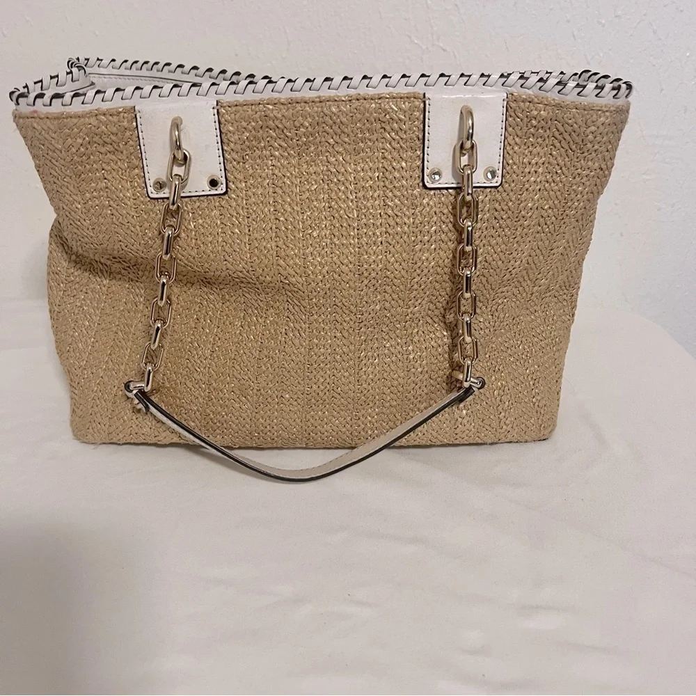 Michael Kors Straw Rosalie Tote EUC Handbag with White Leather Straps and Gold